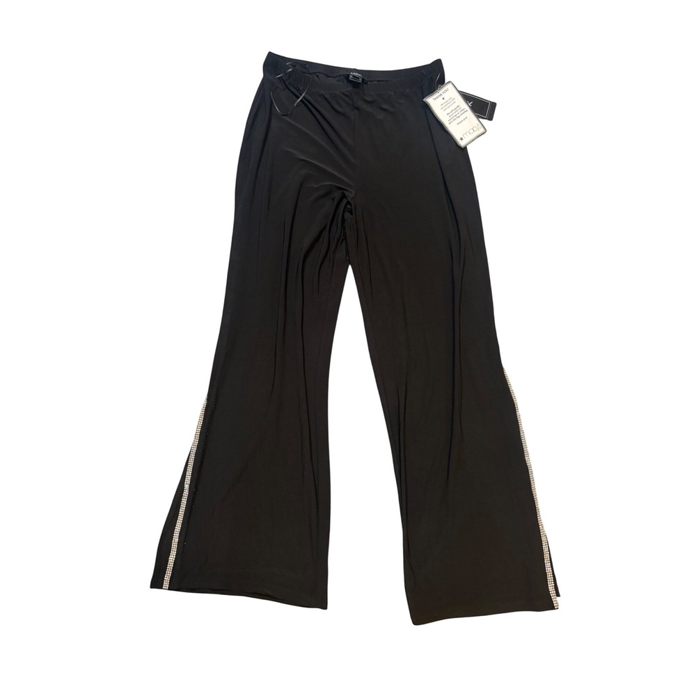 NWT MSK Black Wide Leg Rhinestone Trimmed Slit Leg Black Pants Size Large